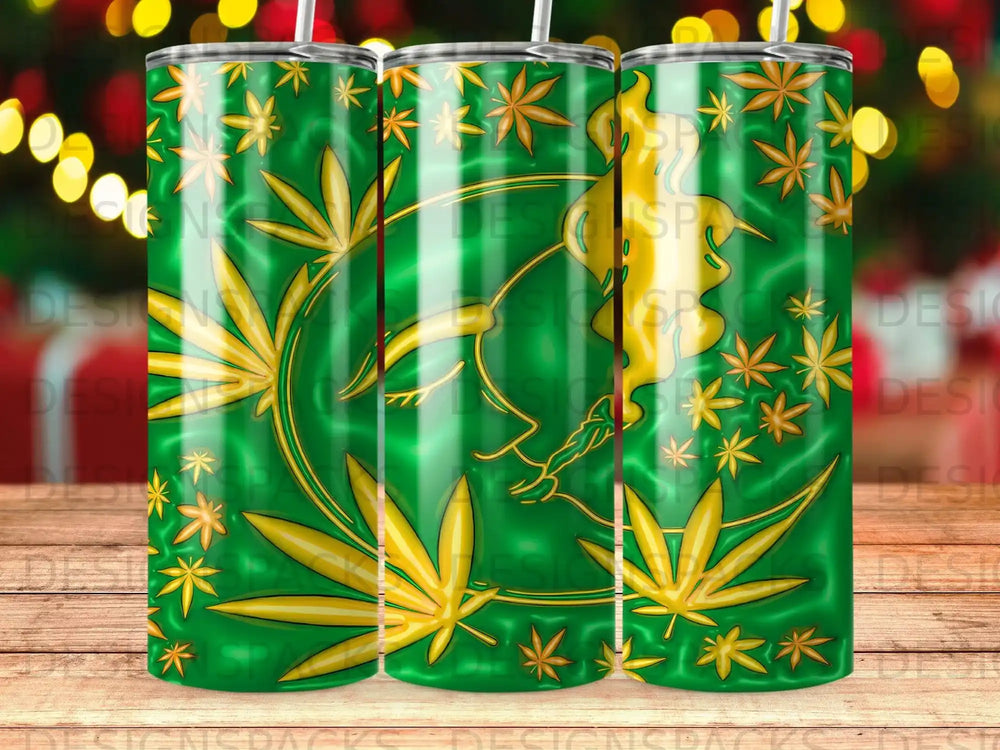 Green tumbler with yellow cannabis leaf and floral pattern.