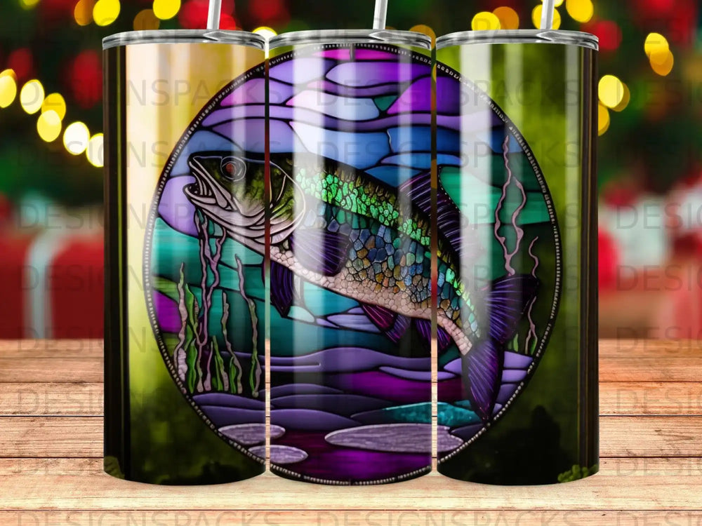 Stained glass fish jumping from purple water with green reeds and bokeh lights.