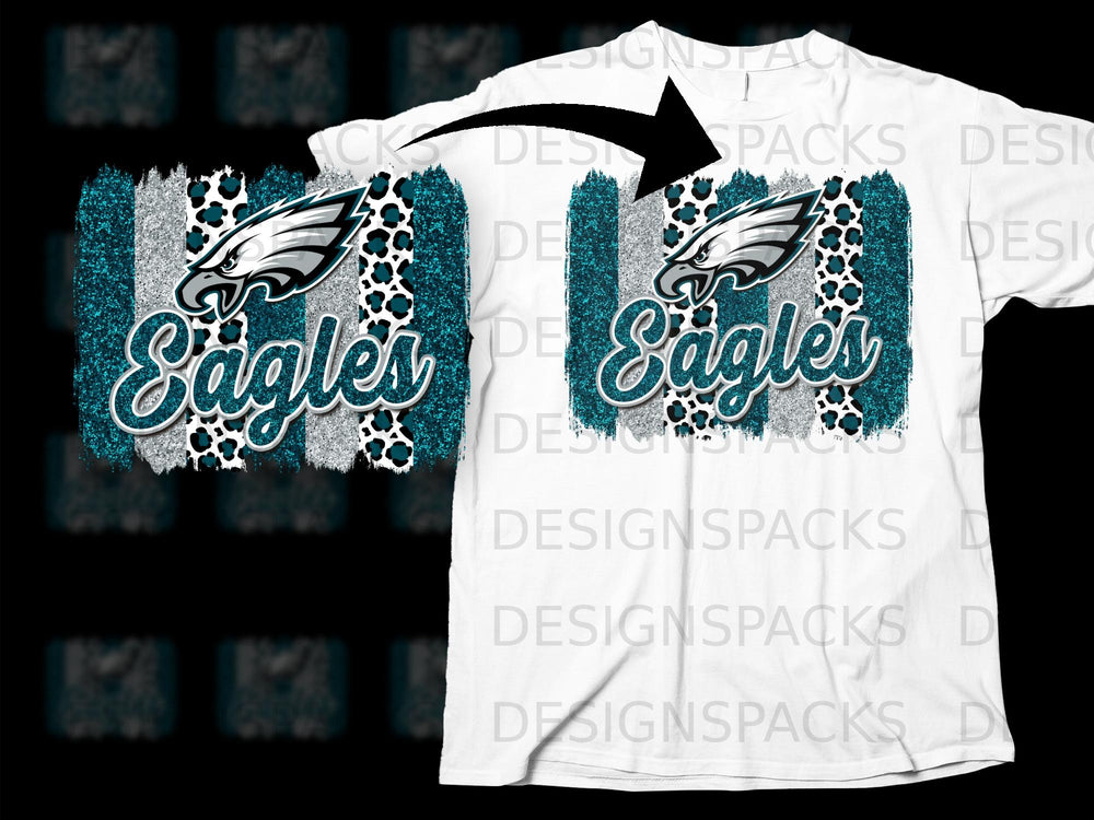Philadelphia Eagles logo with glitter stripes and leopard print, text "Eagles".