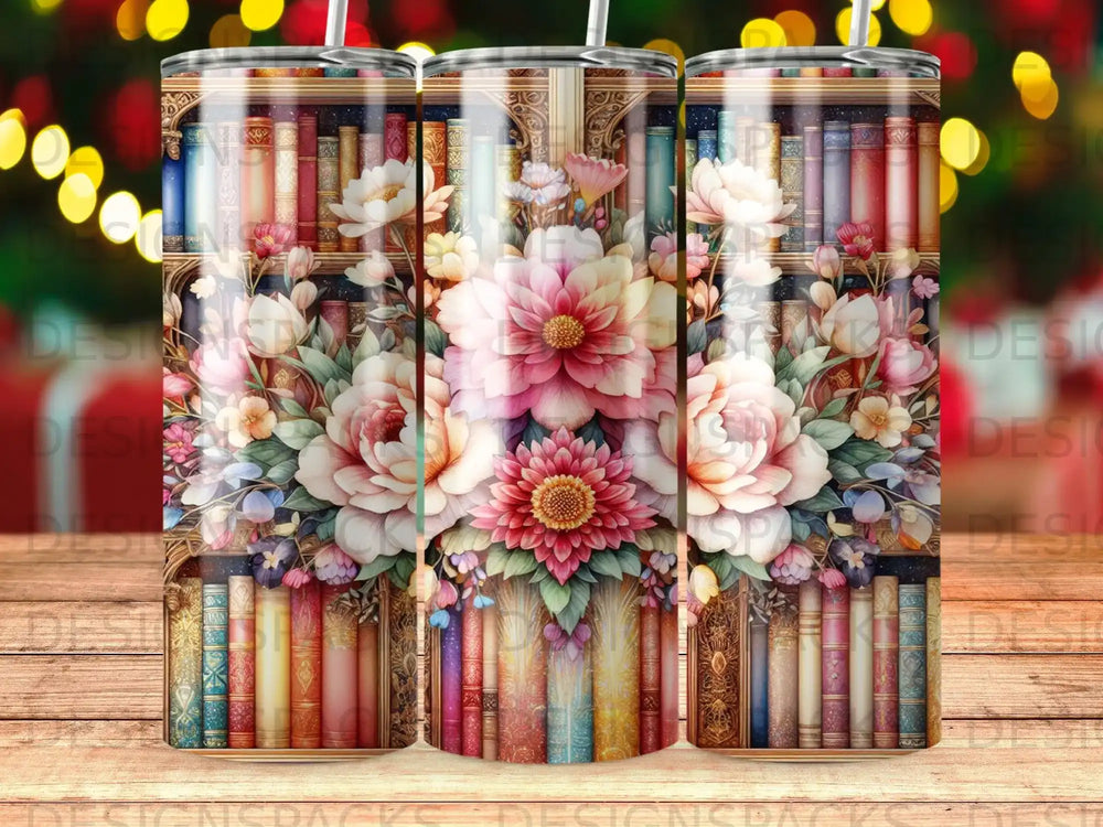 Triptych of tumblers with floral and bookshelf designs.