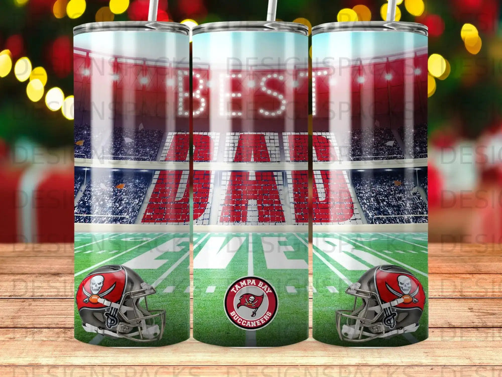 Tampa Bay Buccaneers stadium with "BEST DAD" text and helmets.