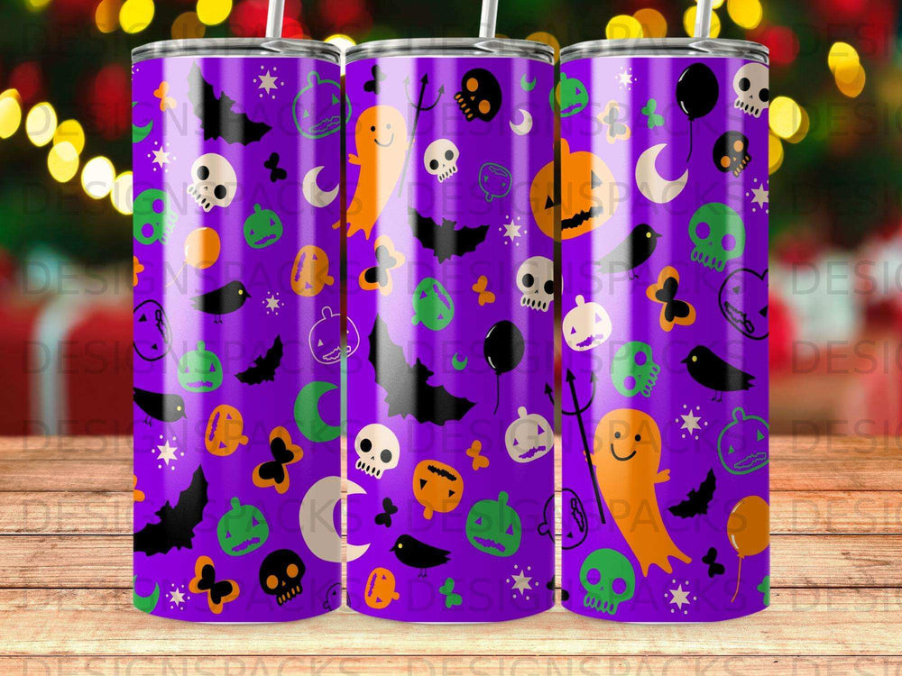 Purple tumbler with Halloween-themed pattern of ghosts, bats, and pumpkins.