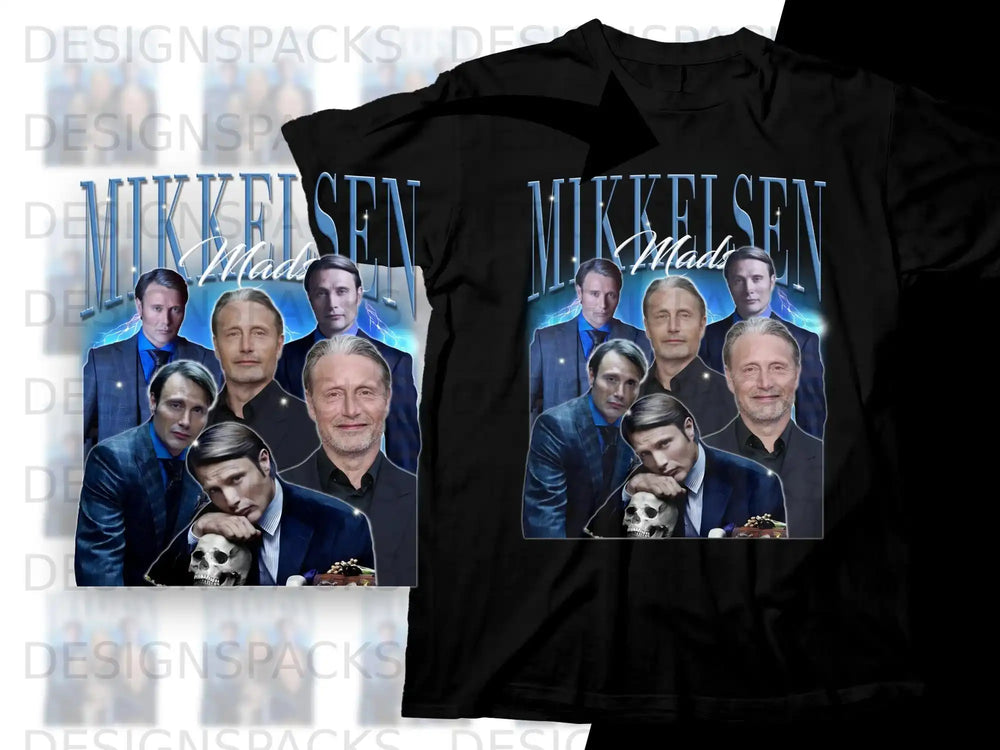 Mads Mikkelsen collage on black t-shirt.