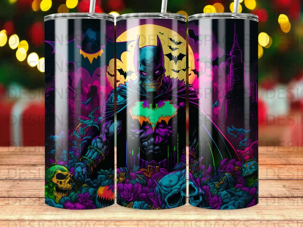 Batman with skulls and purple flowers in a spooky cityscape.