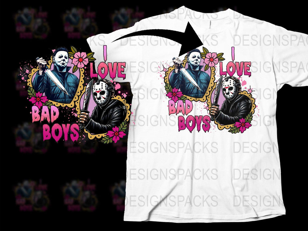 Horror Movie Icons T-Shirt, Love Bad Boys Graphic Tee, Jason and Michael Myers, Unisex Fashion Shirt