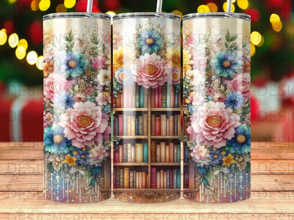 Floral bookshelf tumbler with glitter accents and bokeh background.