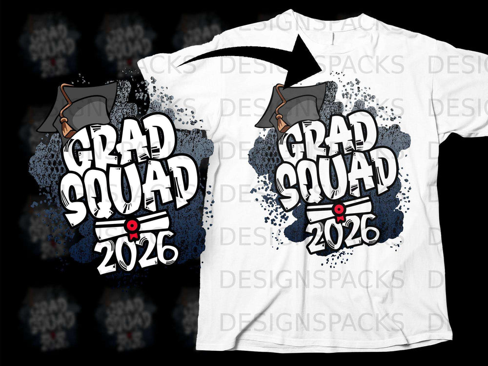 Grad Squad 2026 graphic with graduation cap and diploma on a white t-shirt.