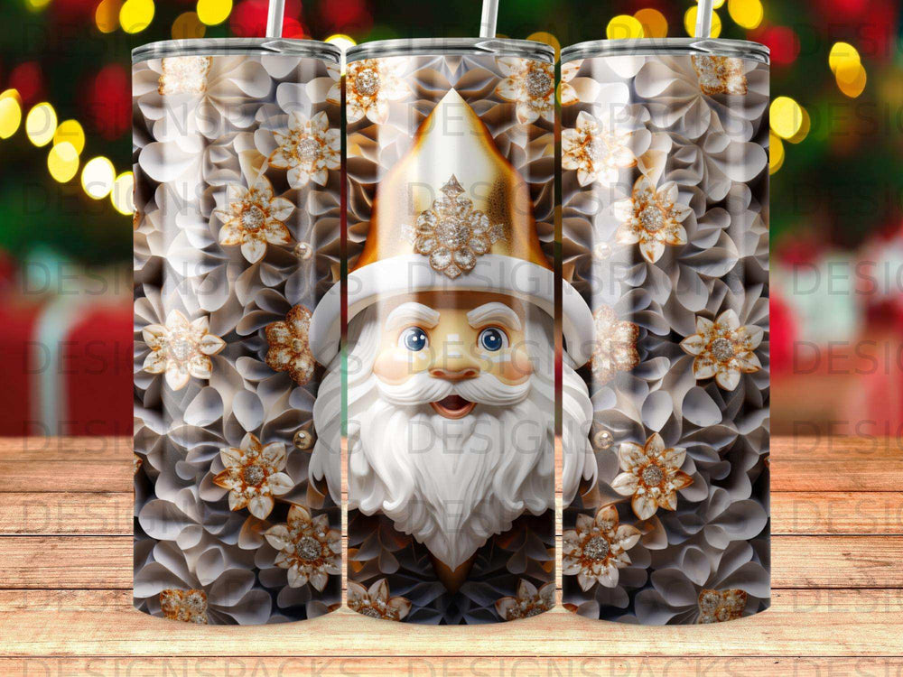 Santa Claus face with floral pattern on three tumblers.