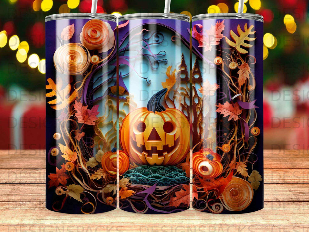Halloween tumbler with a jack-o'-lantern and spooky forest scene.