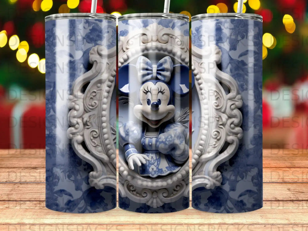 Minnie Mouse in ornate blue and white frame, on a tumbler.