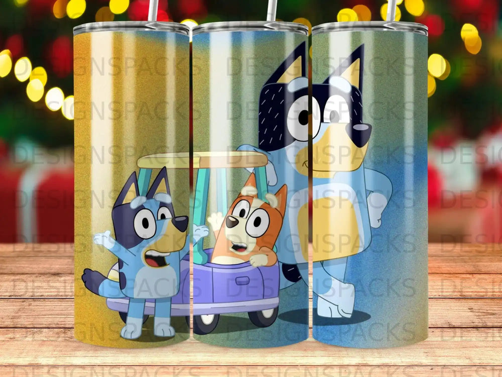 Bluey and Bingo characters in a vehicle, on a colorful background.