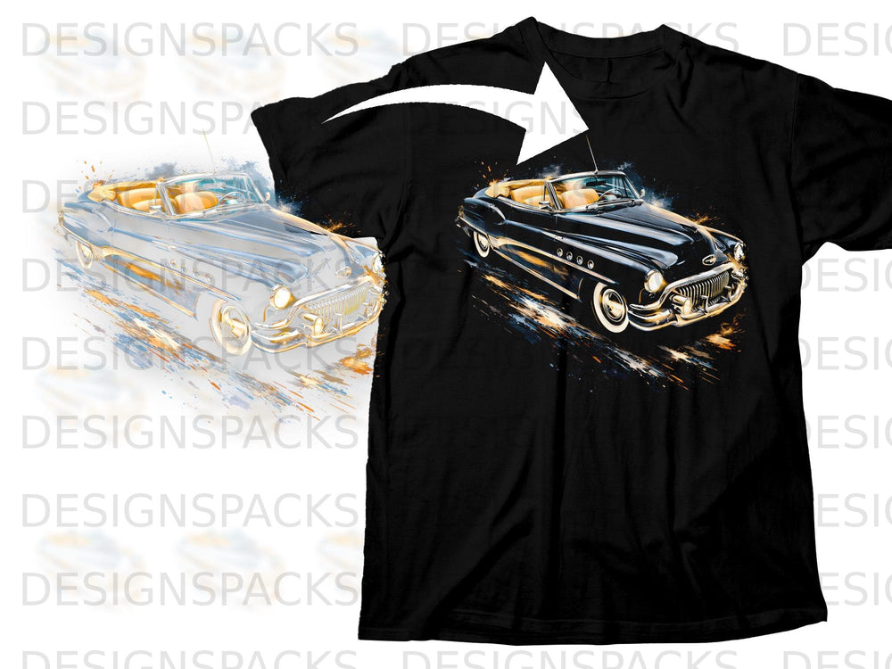 Black t-shirt with artistic rendering of a black convertible classic car.