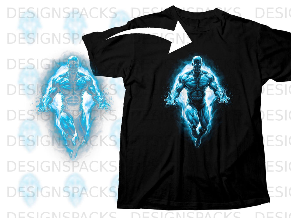 Black t-shirt with blue energy-filled superhero graphic.