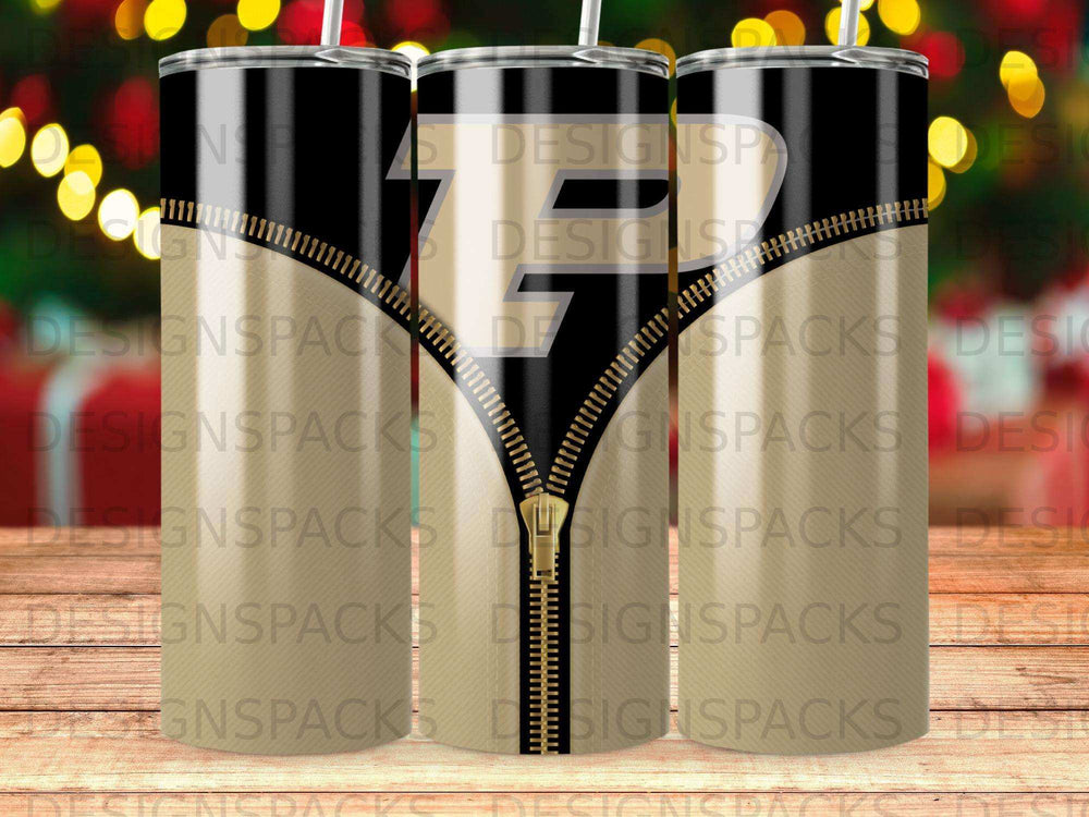 Three tumblers with a gold zipper design and "S" logo.