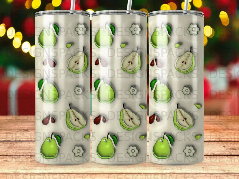 Tumbling tumblers with a repeated pear pattern and "DESIGNSPACKS" text.