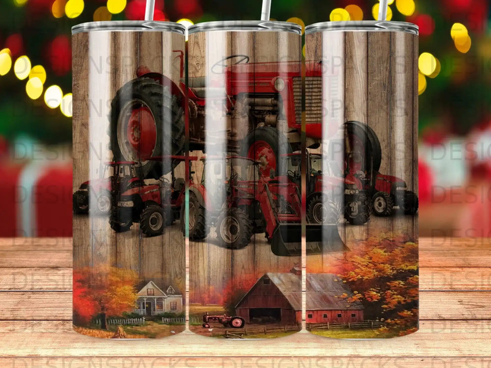 Rustic farm scene with tractors, barn, and autumn foliage.