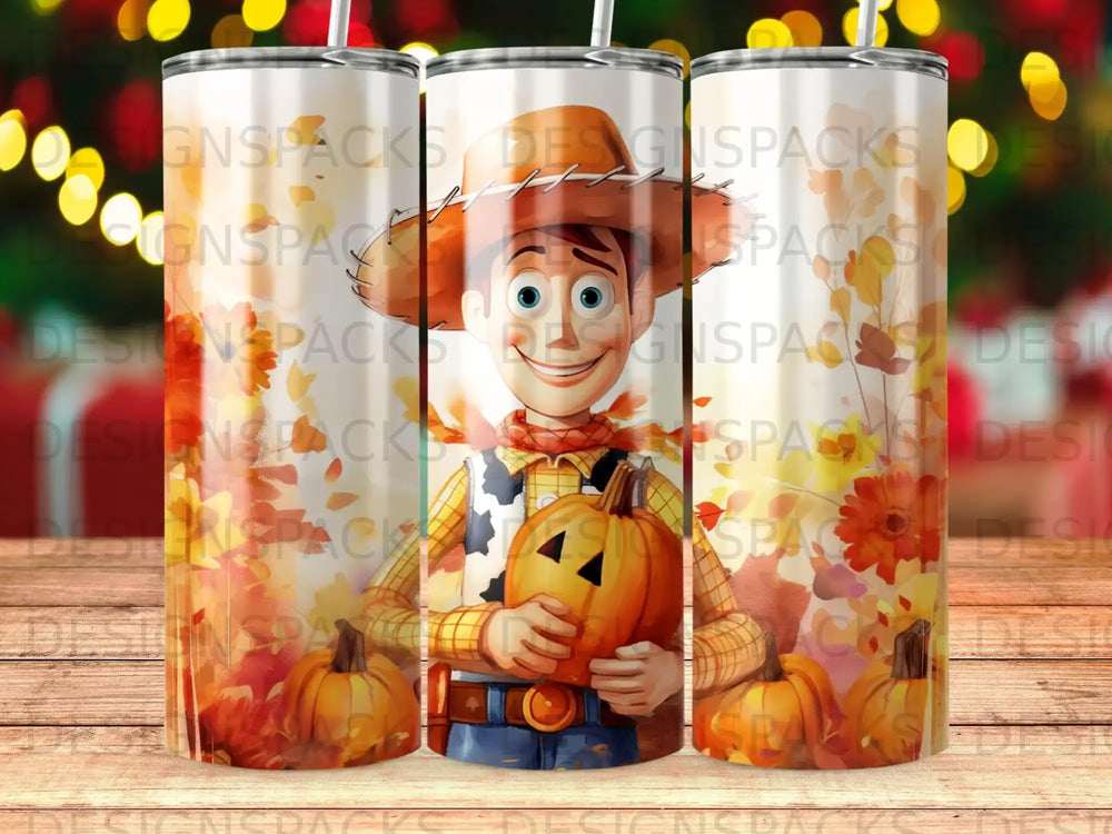 Woody holding a pumpkin, surrounded by autumn leaves on a tumbler.