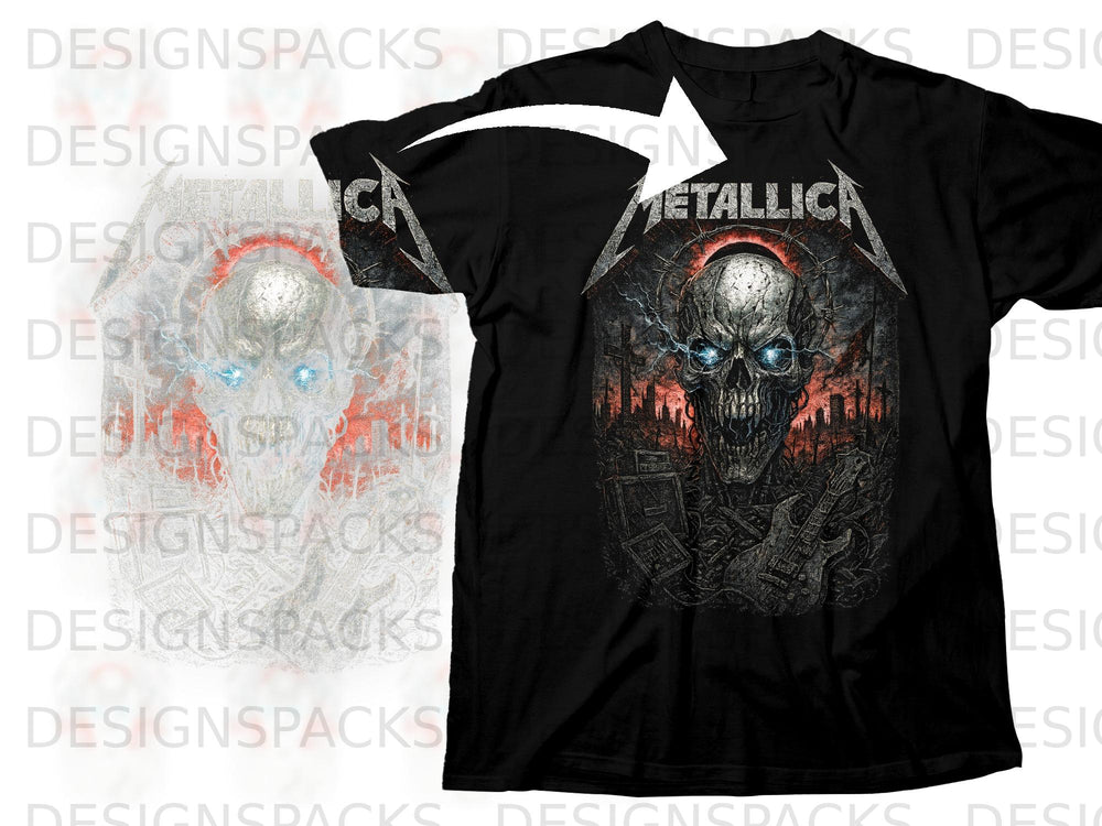 Black t-shirt featuring a Metallica skull graphic with a guitar and barbed wire.