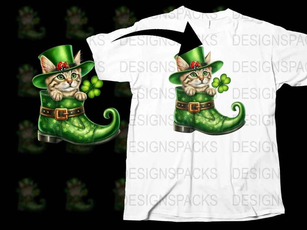 St. Patrick's Day Cat T-Shirt, Cute Kitten with Leprechaun Hat, Green Clover, Irish Festival Clothing, Unisex Graphic Tee