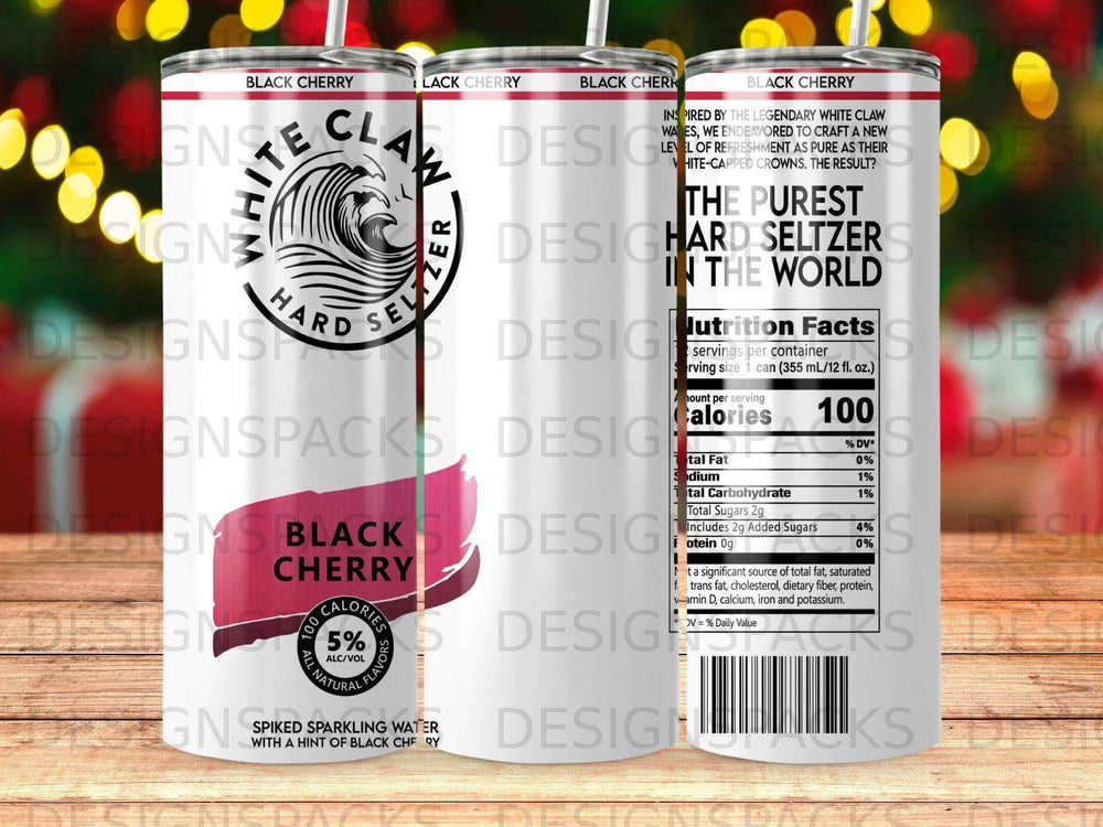 Black Cherry White Claw hard seltzer can with nutrition facts.