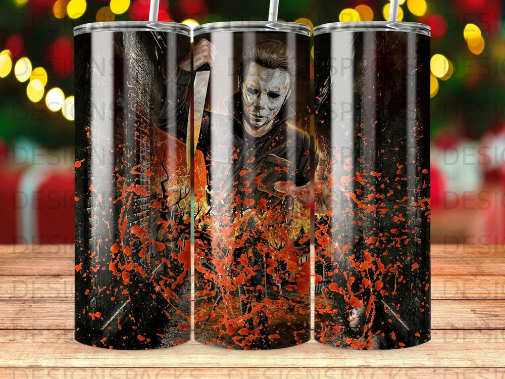 Michael Myers with knife amidst blood splatters on a black tumbler.