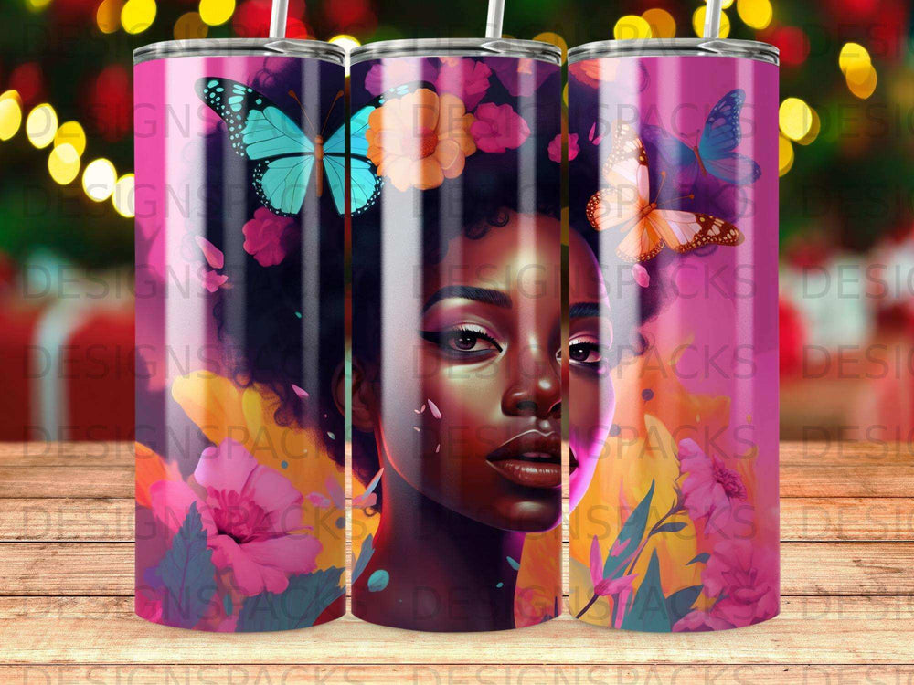 Woman with colorful butterflies and floral accents on a pink tumbler.
