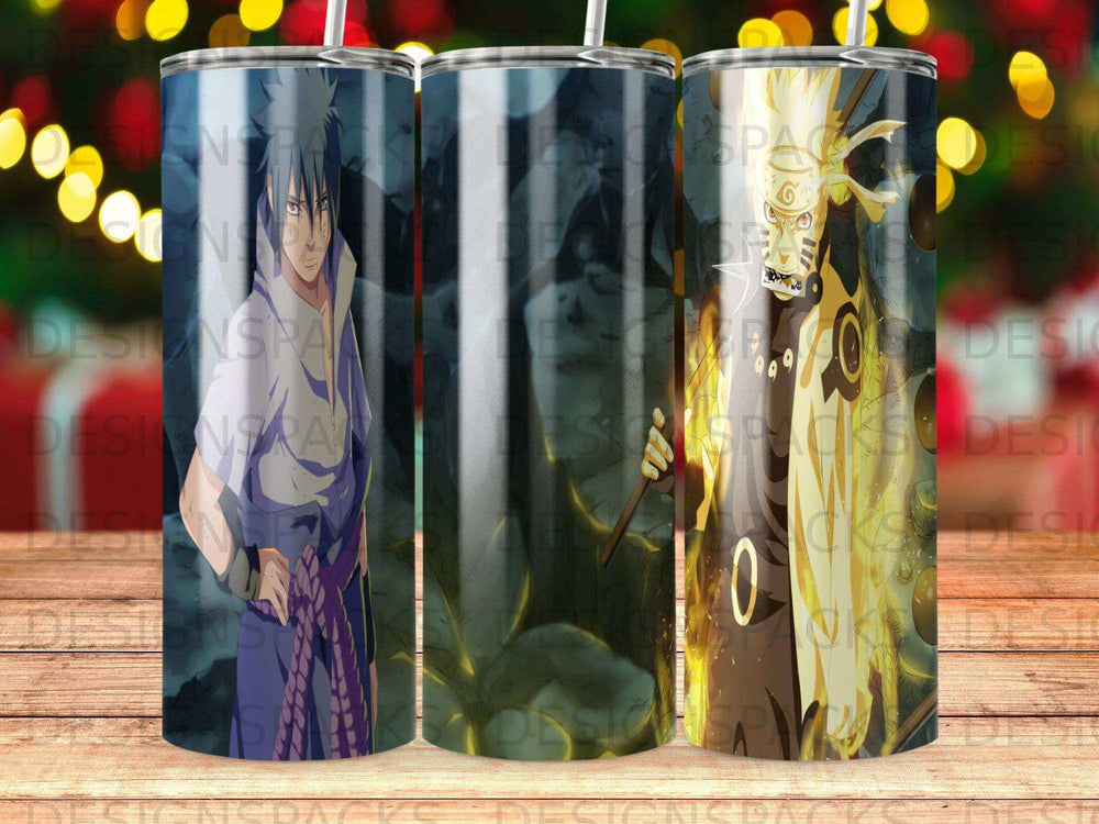 Naruto and Sasuke characters on a tumbler with glowing effects.