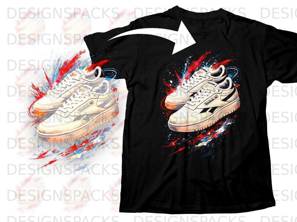 Black t-shirt with a graphic of white Reebok sneakers and colorful paint splatters.