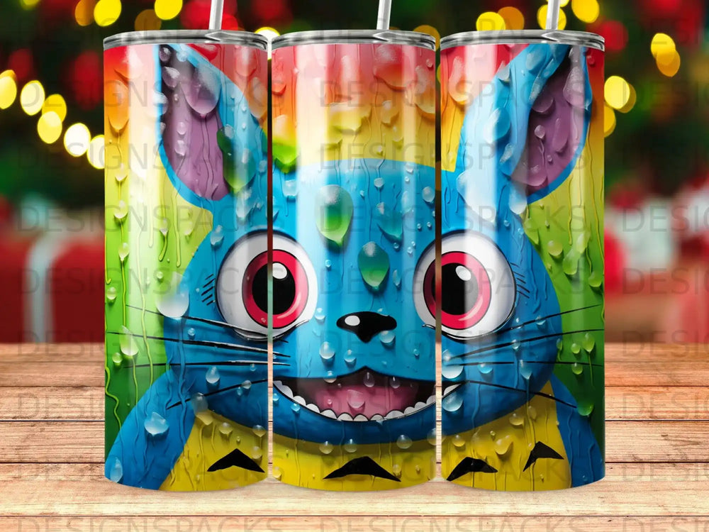 Blue cartoon cat with large eyes and water droplets on a colorful background.