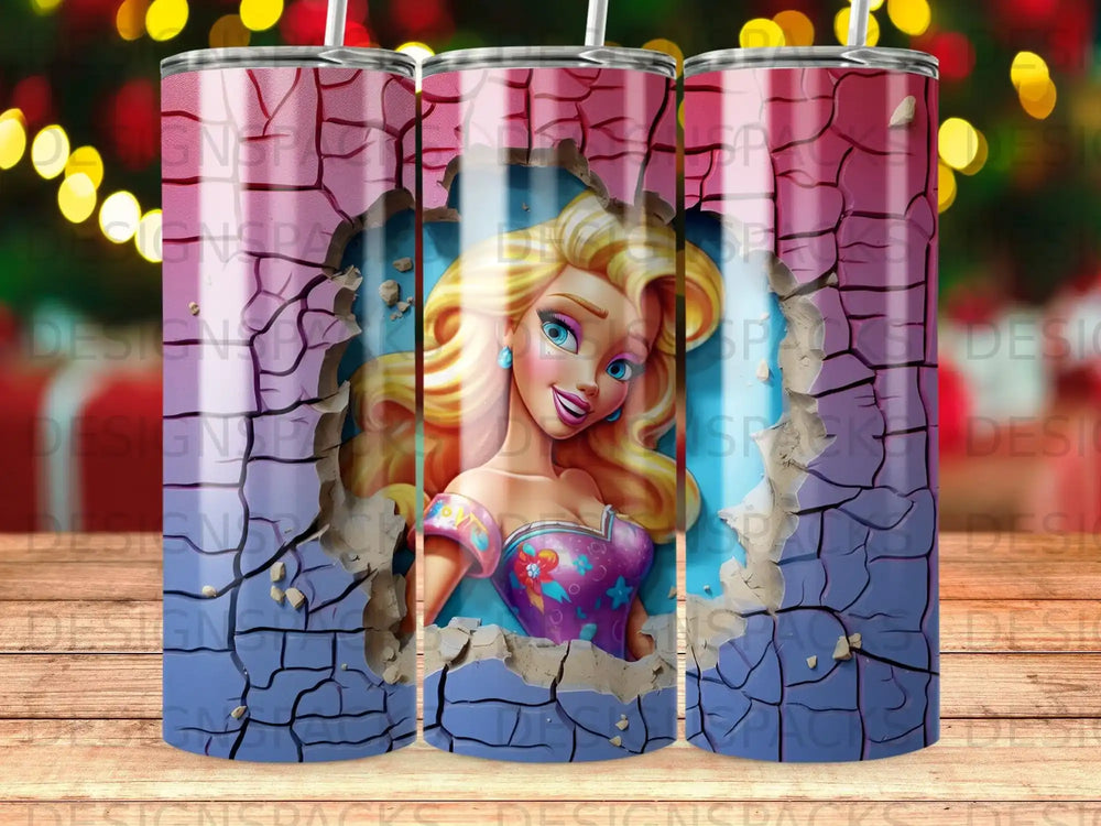 Barbie with blonde hair peeking through a cracked blue and purple background.