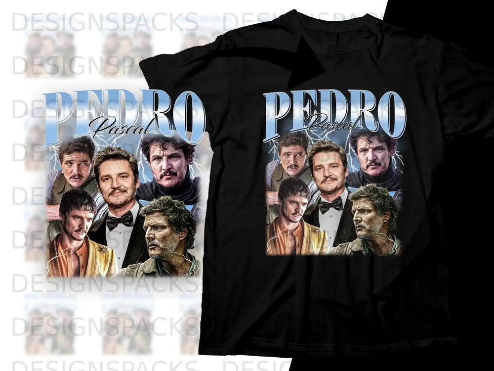 Collage of Pedro Pascal portraits on a black t-shirt.
