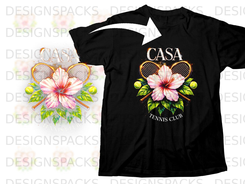 Black t-shirt with "CASA TENNIS CLUB" text, hibiscus flower, tennis rackets, and balls.