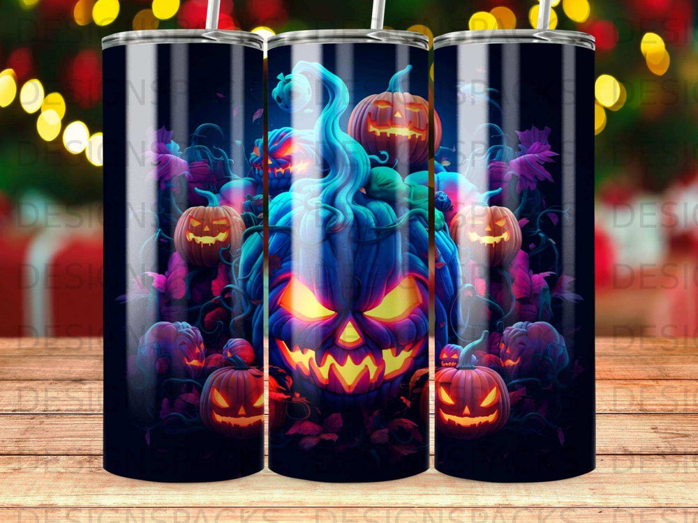Spooky Halloween scene with glowing pumpkins and a large, illuminated jack-o'-lantern.