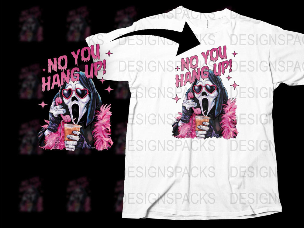 Quirky Horror Phone Call Graphic T-Shirt, Funky Cartoon Character, Unique Casual Wear, Black and White with Pink Detail, Unisex Fashion