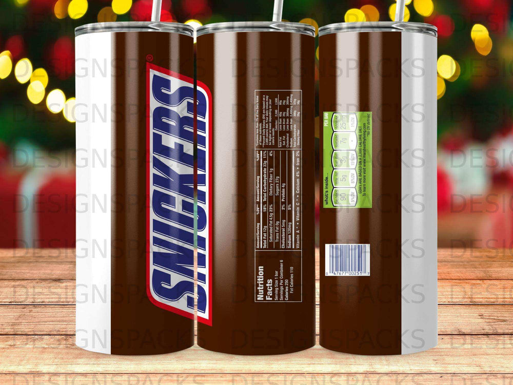 Snickers candy bar with nutrition facts label and bar information.