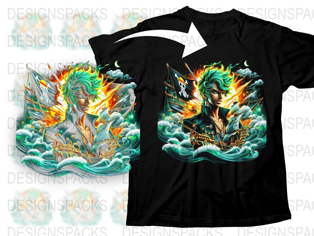 Pirate Ship Graphic T-Shirt, Ocean Flames Design, Unisex Cotton Tee, Vibrant Artistic Print, Unique Illustration, Gift for Him