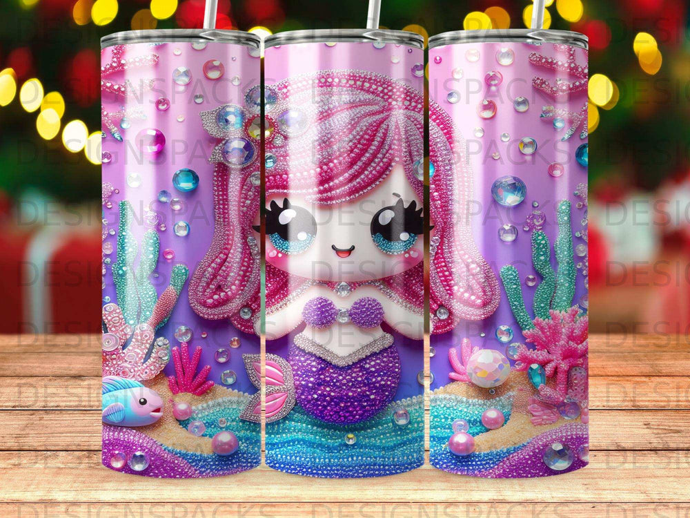 Glittery cartoon mermaid with pink hair and blue tail on beach background.