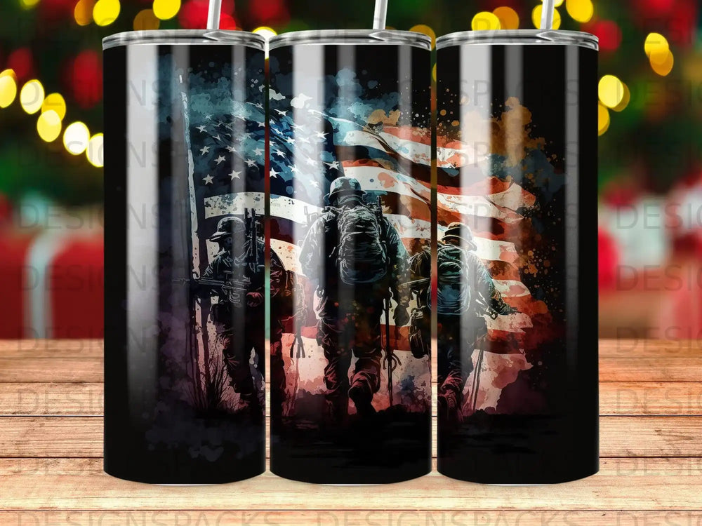 Soldiers walking towards an American flag, watercolor style.