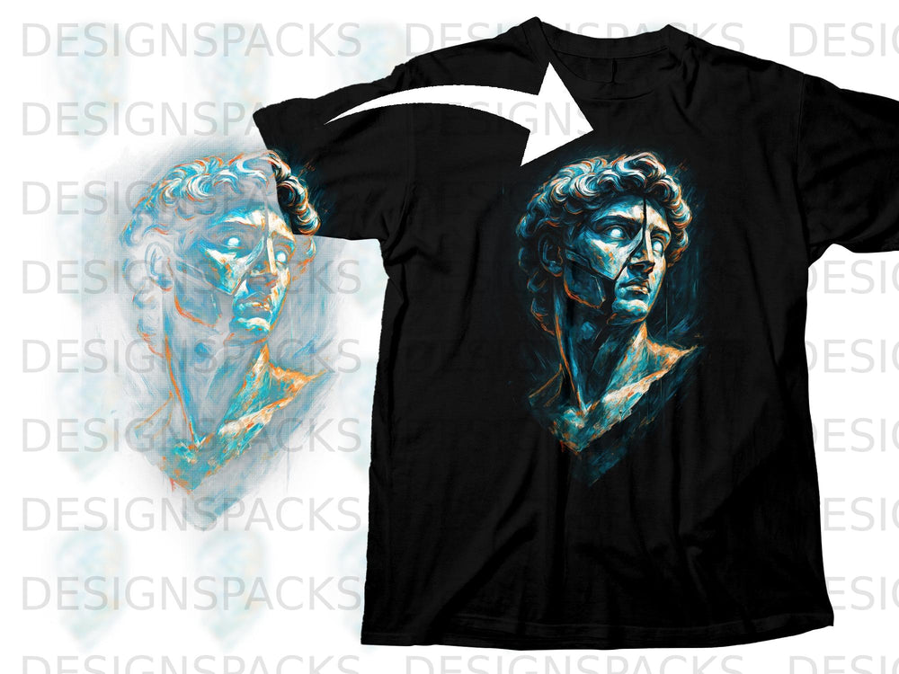 Black t-shirt featuring a blue and orange abstract statue head design.