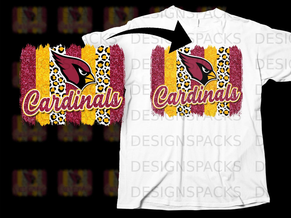 Cardinals logo with glitter stripes and leopard print on a white t-shirt.
