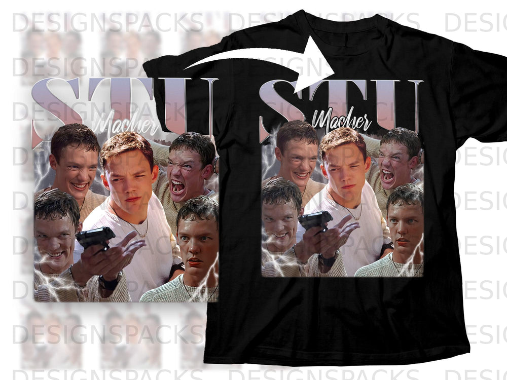 Black t-shirt with a collage of stills of a man in various expressions.