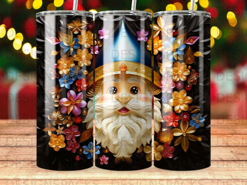 Black tumbler with a smiling gnome adorned with colorful floral accents.