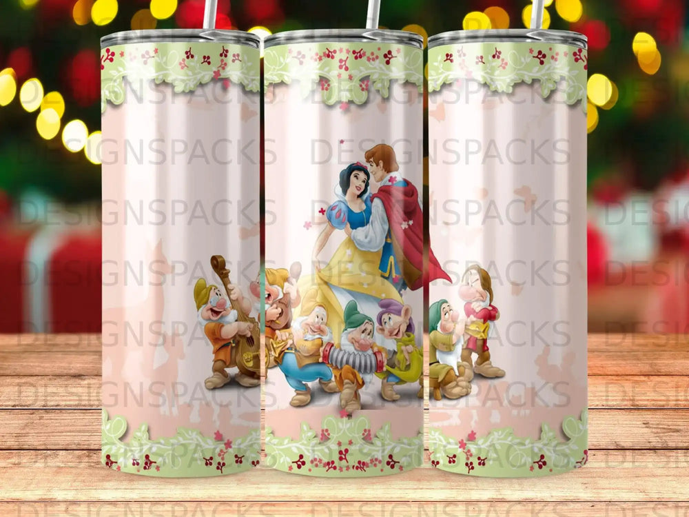 Snow White and seven dwarfs with Prince Charming on a patterned tumbler.