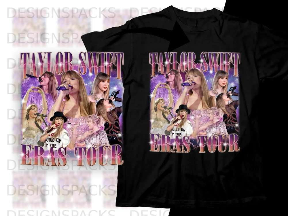Taylor Swift The Eras Tour t-shirt with collaged images of Swift performing.