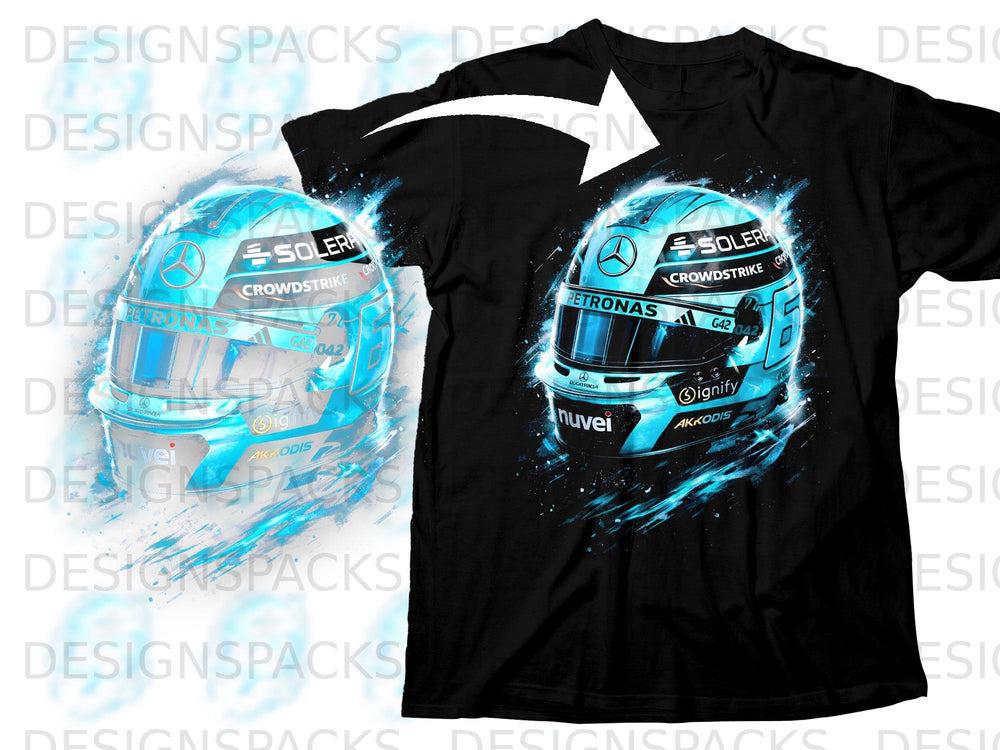 Black t-shirt with a blue racing helmet graphic featuring Petronas and Solera logos.
