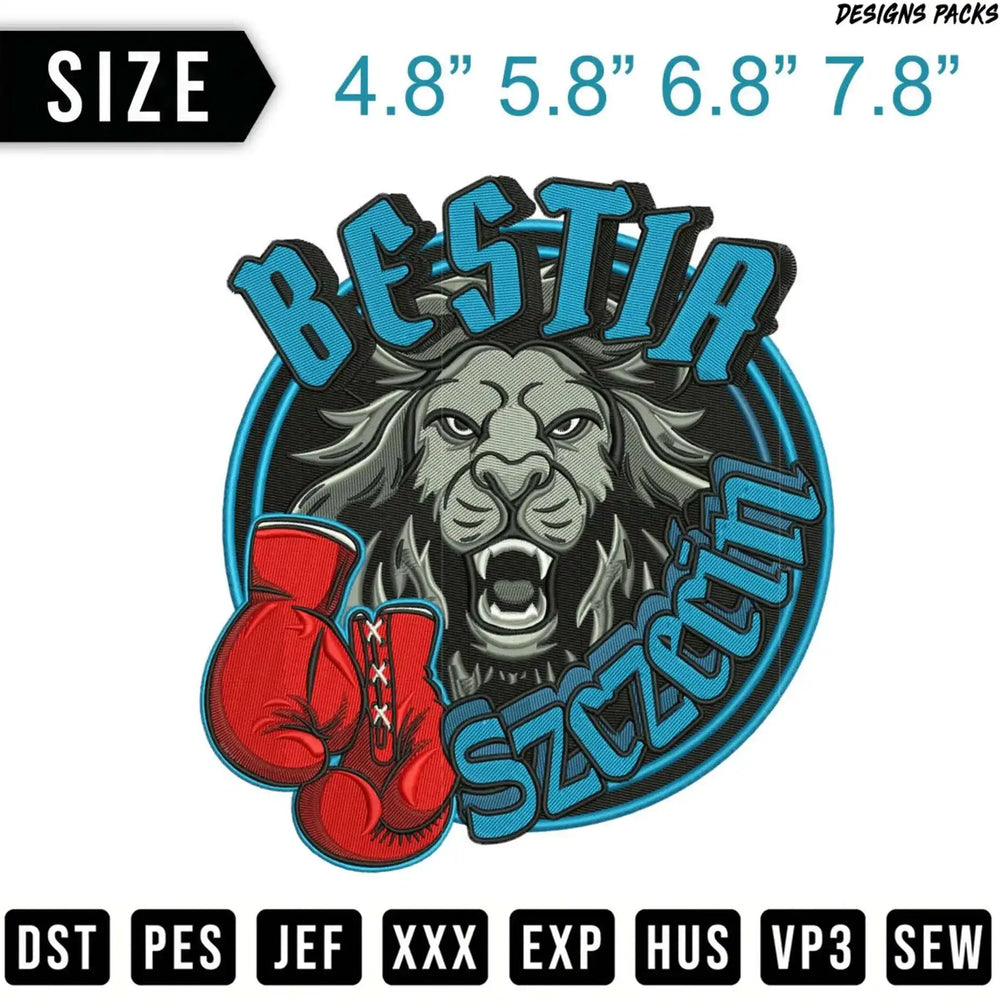 Embroidery design of a lion's head with boxing gloves, "BESTIA Szczecin" text, and file formats.