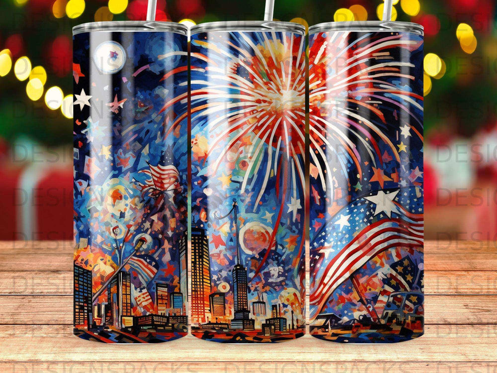 Fireworks over a cityscape with American flags and stars.
