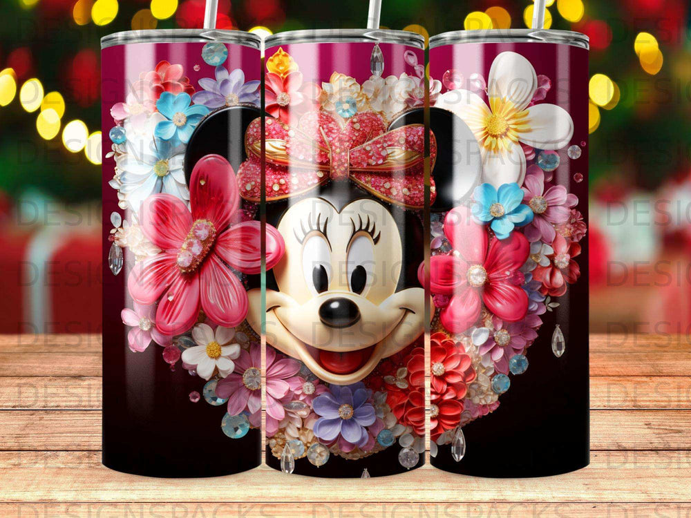 Minnie Mouse surrounded by a floral heart with colorful flowers and rhinestones.