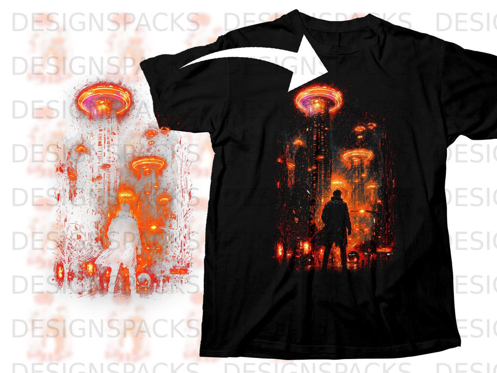 Black t-shirt with a futuristic city scene featuring glowing towers and a lone figure.