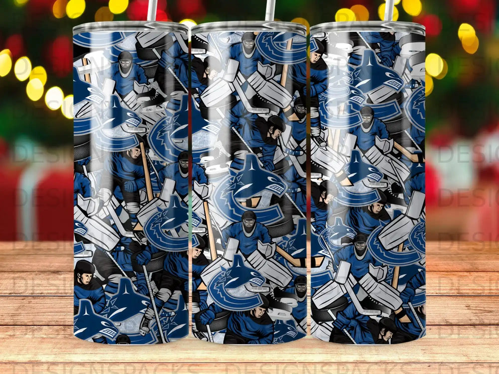 Hockey player pattern with blue goalie pads and a circular logo.